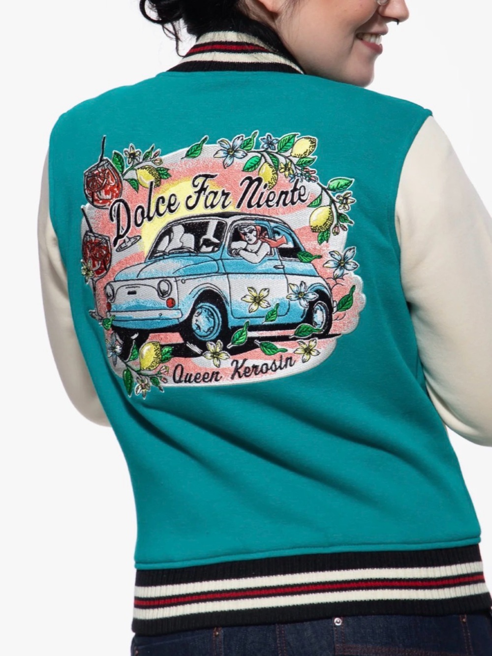 Mint Blue Retro Bomber Varsity Jacket - "Dolce Far Niente"